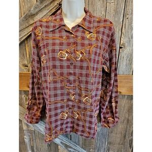 British Khaki size 6 women career casual Western Button up rayon maroon ^